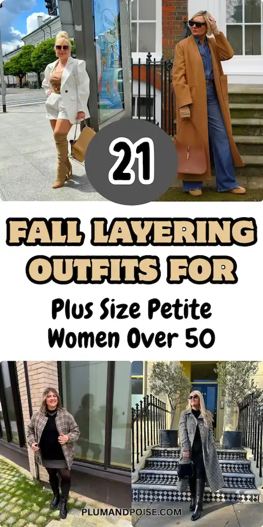 Pinterest pin collage showing four fall layering outfits for plus size petite women over 50. Top photos feature a white structured blazer with tan shorts and thigh-high boots, plus a camel coat over wide-leg denim. Bottom photos show a plaid jacket over a black sweater dress and a houndstooth longline coat with black turtleneck and knee-high boots. Text overlay reads 21 Fall Layering Outfits, PlumAndPoise.com.