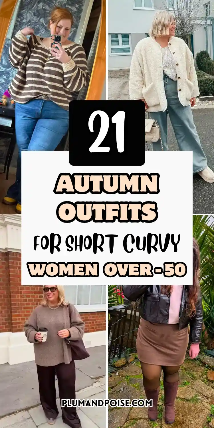 Pinterest pin collage showing four real autumn outfits for short curvy women over 50. A brown striped sweater with blue bootcut jeans in a mirror selfie, an ivory teddy jacket with wide-leg grey jeans on a street, a mocha oversized knit with dark wide-leg trousers outside a brick building, and a dark leather jacket with a tan midi skirt and tall boots. Text overlay reads 21 Autumn Outfits for Short Curvy Women Over 50 from plumandpoise.com.