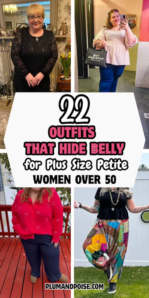 22 Outfits That Hide the Belly for Plus Size Petite Women Over 50 2 Pinterest pin collage showing four plus size petite women over 50 in outfits that hide the belly: a black sequin lace formal top, a pink smocked peplum with blue jeans, a red bow-print shirt with dark trousers, and a black smocked top paired with colorful patchwork harem pants. Bold center text reads "22 Outfits That Hide Belly for Plus Size Petite Women Over 50" from plumandpoise.com.