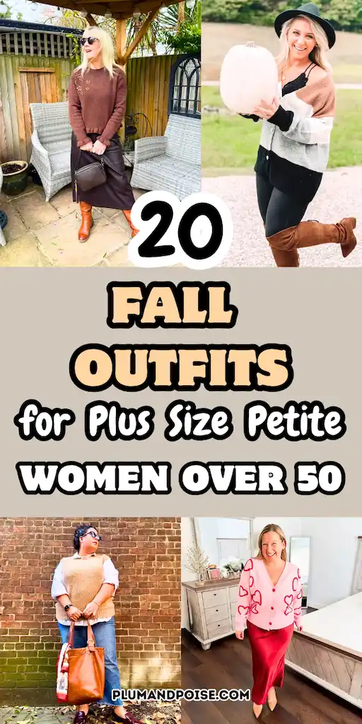 20 Fall Outfits for Plus Size Petite Women Over 50 That Are Effortlessly Chic 2 Four-photo Pinterest pin showing fall outfits for plus size petite women over 50. Top left features a brown fuzzy sweater over a faux leather midi skirt with cognac knee-high boots. Top right shows a camel colorblock cardigan over black leggings with a wide-brim hat. Bottom left shows a camel sweater vest layered over a white shirt with wide-leg jeans and a cognac tote. Bottom right features a pink heart-print cardigan paired with a red satin midi skirt. PlumAndPoise.com.