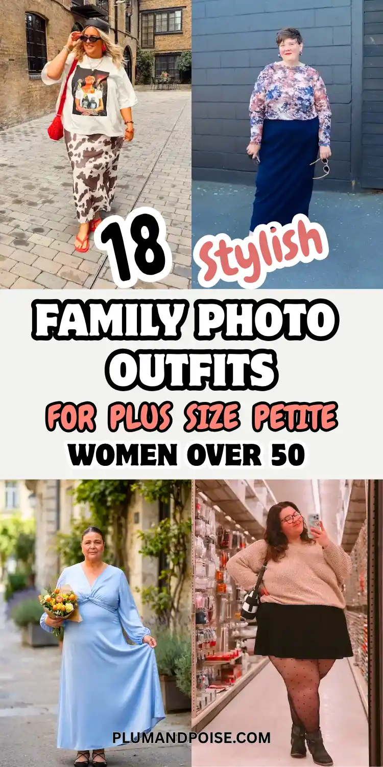 Four-outfit collage showing family photo outfits for plus size petite women over 50. Clockwise from top left: white graphic tee with cow-print satin maxi skirt and red accessories on cobblestone; floral mesh top tucked into a navy ribbed column skirt; blush sparkle sweater with black mini skirt and polka dot tights; powder blue V-wrap satin maxi dress worn outdoors with flowers. Text reads 18 Stylish Family Photo Outfits for Plus Size Petite Women Over 50, PlumAndPoise.com.