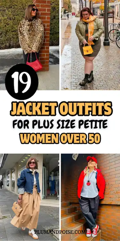 Pinterest pin collage showing four real jacket outfit ideas for plus size petite women over 50. A leopard faux fur cropped jacket with a red woven bag, an olive utility jacket on a rainy cobblestone street with a mustard crossbody, a cropped denim jacket over a belted khaki maxi skirt with platform sneakers, and a bright red bomber jacket with dark trousers. Bold text reads 19 Jacket Outfits for Plus Size Petite Women Over 50 from plumandpoise.com.