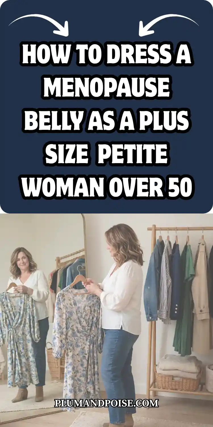 A plus size petite woman over 50 with dark wavy hair stands in a bright dressing room holding a blue floral wrap dress on a hanger, examining it in front of a floor mirror. She wears a white wrap blouse, straight dark jeans, and tan boots. A wooden clothing rail with neutral garments fills the background. Bold text overlay reads How to Dress a Menopause Belly as a Plus Size Petite Woman Over 50 from plumandpoise.com.