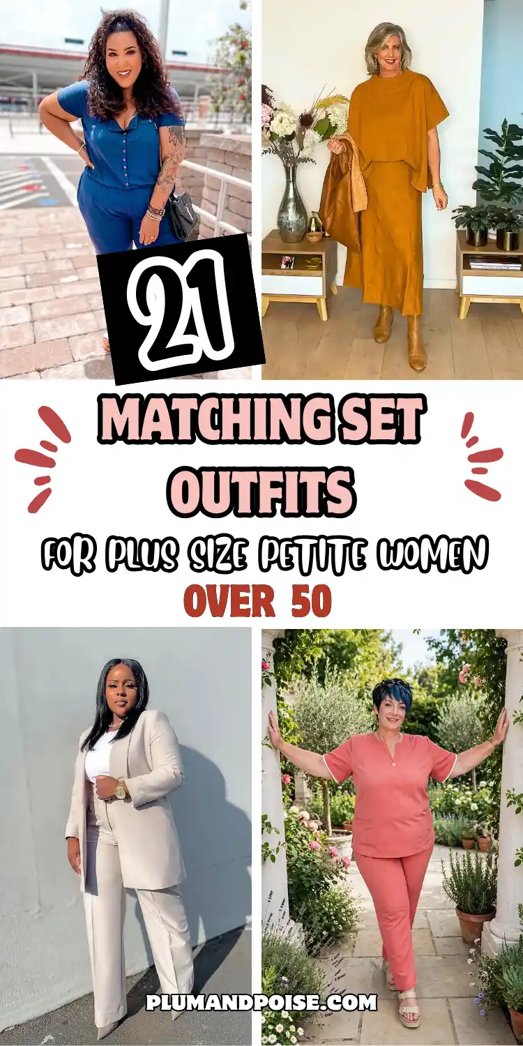 Four outfit photos for plus size petite women over 50: a navy button-front jumpsuit worn outdoors, a mustard oversized top with midi skirt styled at home, a cream trouser suit against a grey wall, and a coral two piece set in a garden archway. Bold pink text reads "21 Matching Set Outfits for Plus Size Petite Women Over 50," showcasing wide leg trousers, monochrome dressing, and curvy petite style inspiration.