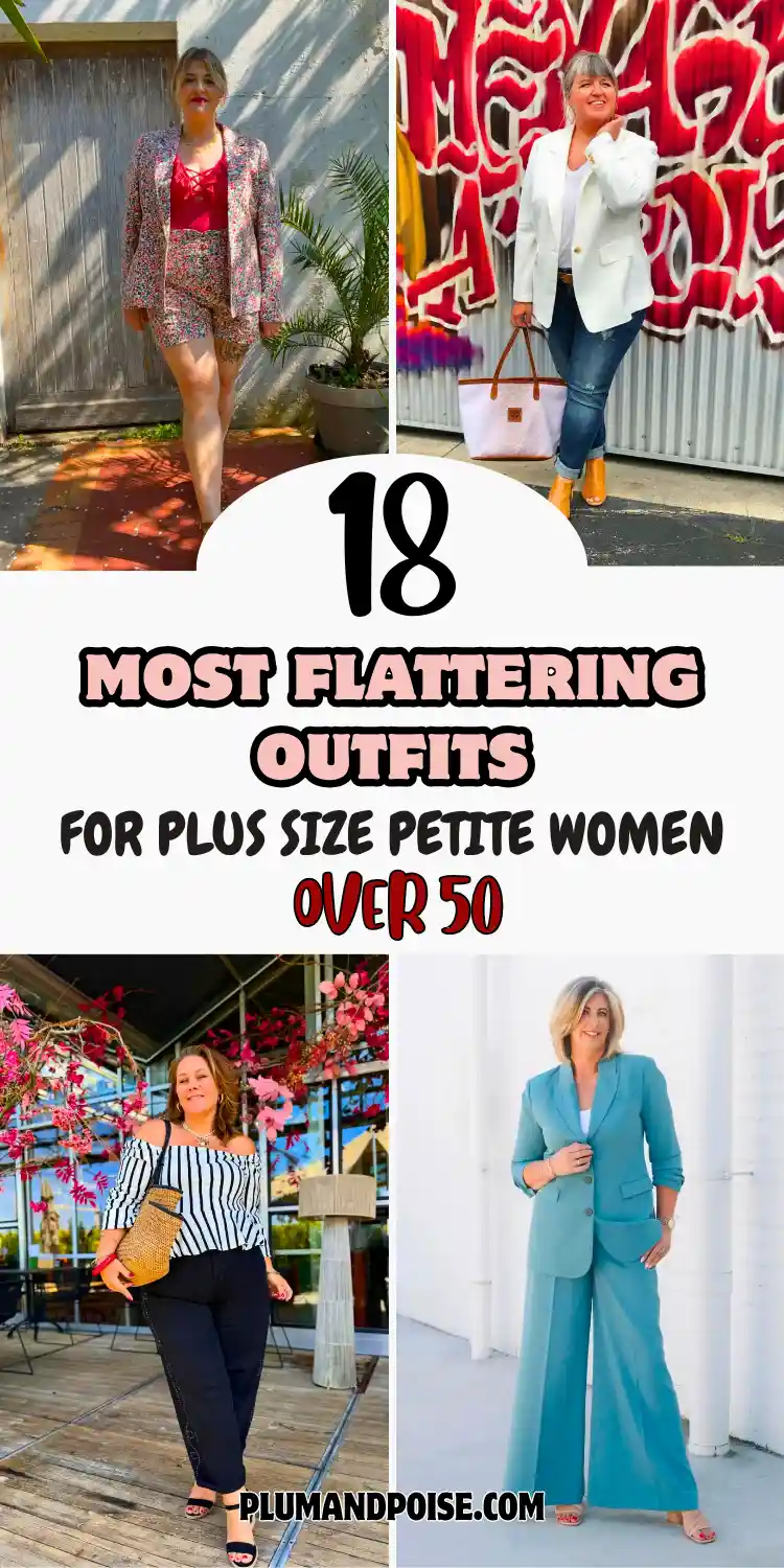 Four-photo collage of the most flattering outfits for plus size petite women over 50. Clockwise from top left: a red floral blazer and shorts set with a red lace bodysuit outdoors; a white blazer with distressed cuffed jeans and cognac booties against a graffiti wall; a full sage teal blazer and wide-leg trouser suit against a white wall; a black and white striped off-shoulder peplum top with black trousers on a restaurant terrace. PlumAndPoise.com.