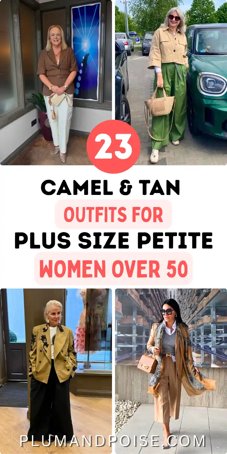 Four-photo collage of camel and tan outfits for plus size petite women over 50: a belted brown blazer with cream trousers, a cropped tan utility jacket over wide olive pants, a camel beaded blazer over black wide leg trousers, and a layered tan and houndstooth street look. Text reads: 23 Camel & Tan Outfits for Plus Size Petite Women Over 50. From plumandpoise.com