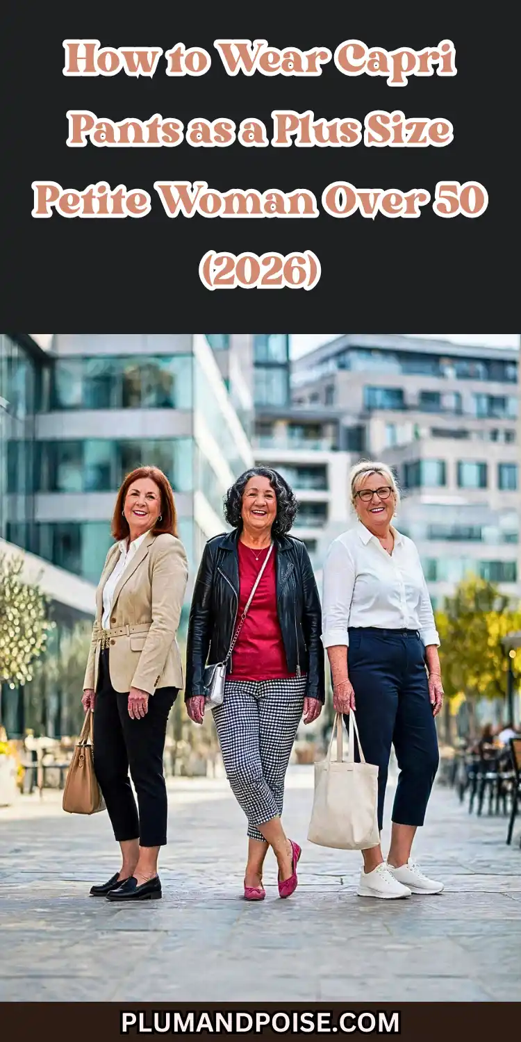 How to Wear Capri Pants as a Plus Size Petite Woman Over 50 (2026) 2 Three women over 50 walk confidently along a sunlit city street, each wearing cropped capri pants styled for a petite curvy frame. Left wears black straight-leg capris with a tan blazer and loafers. Center wears houndstooth capris, a leather jacket, and pink flats. Right wears navy capris with a white button-down and white sneakers. A real-world example of plus size petite midlife fashion done right.