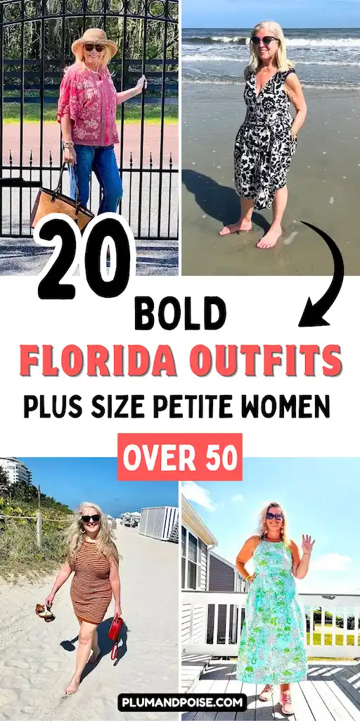 20 Florida Outfits for Plus Size Petite Women Over 50 (Snowbird-Approved) 2 Four-photo Pinterest collage showing plus size petite women over 50 in bright Florida vacation outfits: a pink floral blouse with flare jeans and straw hat at an iron gate, a black and white wrap dress on the beach, a rust striped knit dress on a sandy path with a red bag, and a flowing aqua tropical maxi dress on a sunny deck. Text reads 20 Bold Florida Outfits for Plus Size Petite Women Over 50 at plumandpoise.com.