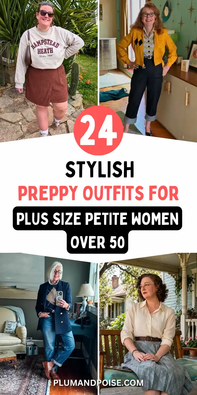 Pinterest pin collage showing four real women styled in preppy plus size petite outfits over 50. Outfits include a grey collegiate sweatshirt with a rust corduroy skort and sneakers, a bold mustard yellow embroidered jacket with cuffed dark trousers, a navy gold-button blazer with cuffed jeans, and a cream blouse with a grey-green pleated midi skirt. Text overlay reads 24 Stylish Preppy Outfits for Plus Size Petite Women Over 50.