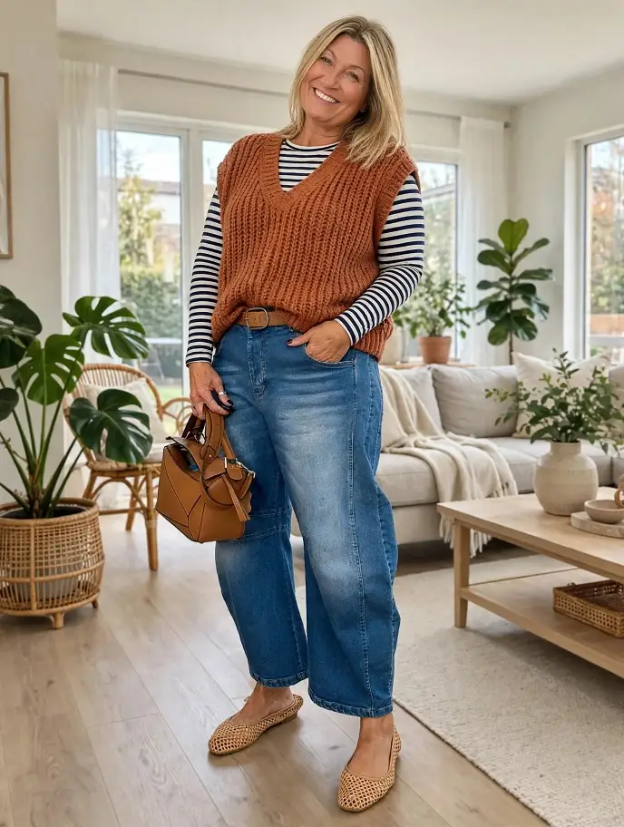 21 Fall Fashion Ideas for Plus Size Petite Women Over 50 Worth Saving 3 Rust Sweater Vest & Stripes: An Easy Autumn Layer for Curvy Frames