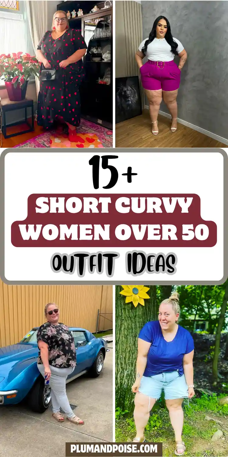 Four-photo collage of short curvy women over 50 outfit ideas on real women. Clockwise from top left: a black heart print maxi dress with red shoes indoors; fuchsia high-waisted shorts and a white fitted tee with a gold belt; a cobalt blue V-neck tee knotted over light wash denim shorts outdoors; a black floral top with grey slim jeans beside a classic blue sports car. Text reads 15+ Short Curvy Women Over 50 Outfit Ideas, PlumAndPoise.com.