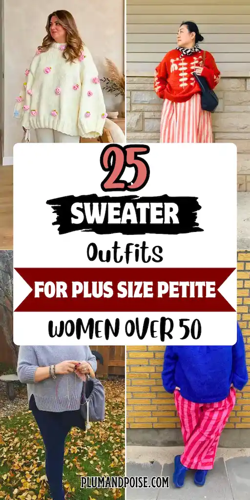 Four sweater outfits for plus size petite women over 50 shown in a Pinterest collage. Top left, a voluminous ivory knit with pink 3D rosettes paired with cream trousers indoors. Top right, a red botanical motif sweater over a pink vertical-stripe midi skirt against a stone wall. Bottom left, a relaxed gray side-slit sweater with dark jeans among autumn leaves. Bottom right, a cobalt blue chunky mohair sweater with bold pink striped wide-leg trousers against a yellow brick wall. PlumAndPoise.com.