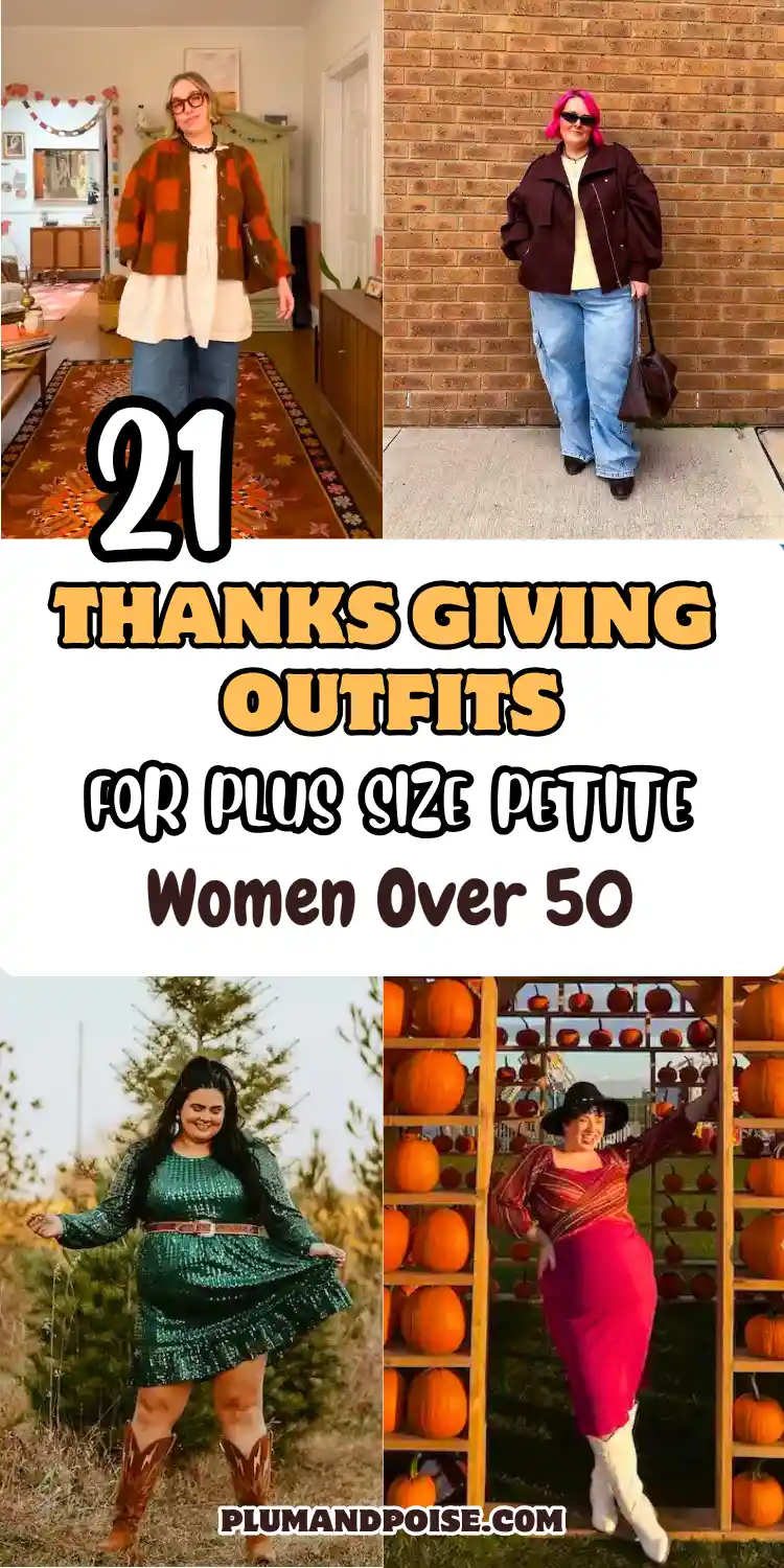 Pinterest collage showing four Thanksgiving outfits for plus size petite women over 50: an orange plaid shacket with a white dress and wide-leg jeans indoors, a dark burgundy utility jacket with light wash wide-leg denim against a brick wall, a green sequin mini dress with a leather belt and western boots outdoors, and a striped wrap top with a red midi skirt at a pumpkin display. From plumandpoise.com.