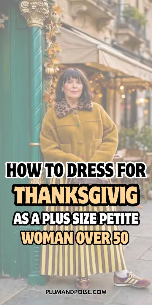 How to Dress for Thanksgiving as a Plus Size Petite Woman Over 50 (Comfort First) 2 A woman over 50 with dark short hair stands on an autumn cobblestone street wearing a mustard yellow oversized jacket with leopard collar, a vertical stripe pleated midi skirt in gold and brown, and burgundy sneakers. The warm fall color palette and layered petite plus size outfit illustrates comfortable Thanksgiving style. Text overlay reads how to dress for Thanksgiving as a plus size petite woman over 50.