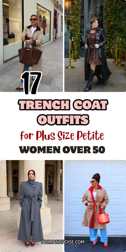17 Trench Coat Outfits for Plus Size Petite Women Over 50 2 Four-photo Pinterest pin showing trench coat outfits for plus size petite women over 50. Top left features a classic beige corduroy-collar trench with wide-leg jeans and a chocolate tote. Top right shows a full-length black leather coat over a leopard print dress with tall boots. Bottom left features a belted charcoal maxi trench with red mules. Bottom right shows a tan gingham coat with bold red lapels, blue jeans, and a red handbag. PlumAndPoise.com.