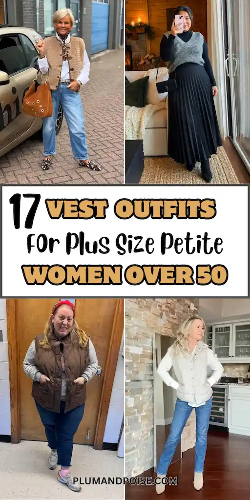 Collage pin of four vest outfits for plus size petite women over 50. Top left, a camel shearling vest over a white button-down with wide-leg jeans, leopard scarf, and a rust suede tote on a cobblestone street. Top right, a gray knit vest over a black turtleneck with a pleated maxi skirt in a cozy mirror selfie. Bottom left, a brown quilted vest over a gray sweatshirt with dark jeans. Bottom right, a cream puffer vest with straight medium-wash jeans. PlumAndPoise.com.