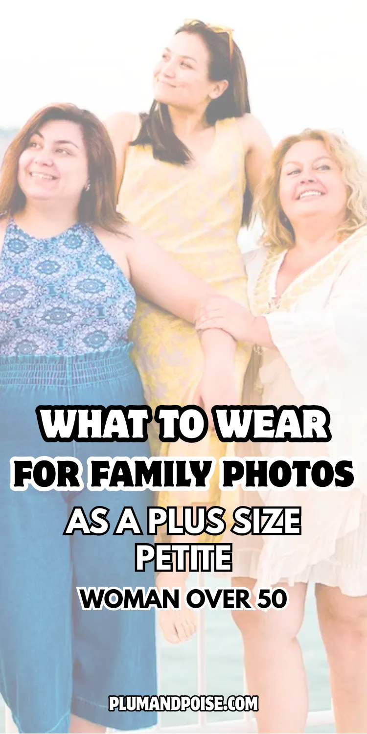 What to Wear for Family Photos as a Plus Size Petite Woman Over 50 2 Three women laugh together in bright outdoor light. The plus size woman on the left wears a blue patterned halter top with a smocked waist and teal wide-leg trousers, a real example of what to wear for family photos as a plus size petite woman over 50. Her companions wear yellow and white. The warm, joyful image illustrates coordinating family photo outfits across curvy and petite figures. PlumAndPoise.com.