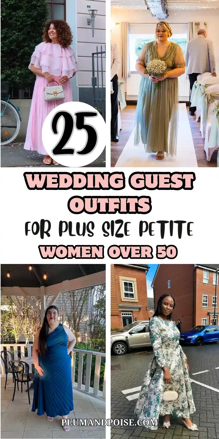 Four-photo collage of wedding guest outfits for plus size petite women over 50. A woman wears a pink ruffle dress with a pleated skirt outside a townhouse, another walks the aisle in a sage tulle dress holding a bouquet, a third stands on a porch in a royal blue one-shoulder pleated gown, and a fourth wears a green floral midi dress on a street. Curvy dress inspiration with bold pink and black text reading "25."