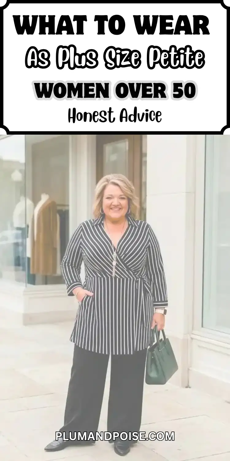 A smiling woman over 50 wearing a black and white vertical stripe wrap tunic and dark wide-leg trousers stands outside a boutique, carrying a structured green handbag. The polished monochrome look is a strong example of plus size petite outfits styled for curvy women, showing how a wrap top and straight-leg silhouette work together for mature woman fashion that feels current and confident.