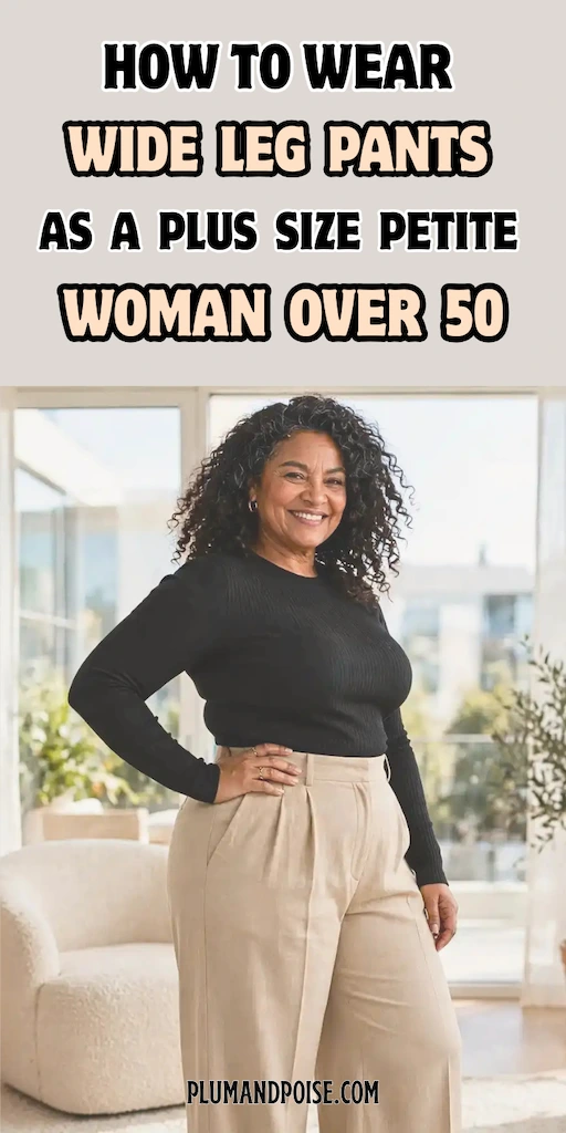A plus size petite woman over 50 with natural curly hair stands smiling in a bright modern interior, wearing a fitted black ribbed long-sleeve top tucked into high-rise pleated wide-leg trousers in warm beige. Her hands rest on her hips, showing the high waistband clearly against the streamlined top. Bold text overlay reads How to Wear Wide Leg Pants as a Plus Size Petite Woman Over 50. PlumAndPoise.com.
