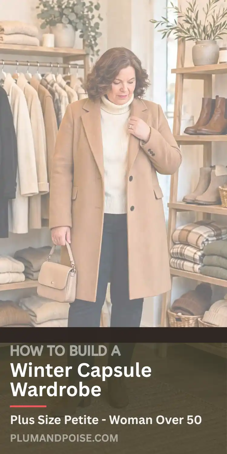 A woman over 50 with a curvy petite frame stands in a warm boutique, wearing a camel wool topcoat layered over a cream turtleneck sweater, dark ankle trousers, and lace-up block heel boots. Shelves of folded knitwear and leather boots fill the background. Text reads: How to Build a Winter Capsule Wardrobe as a Plus Size Petite Woman Over 50.