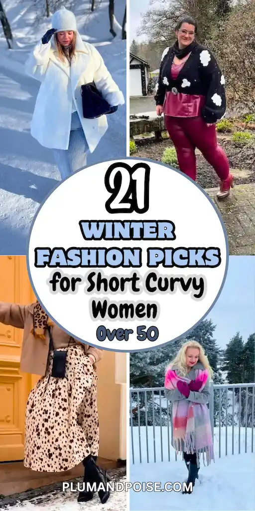 Four-photo collage showing winter fashion for short curvy women over 50. Clockwise: a white faux fur coat with wide-leg trousers in snow, a black cloud-applique cardigan over burgundy faux leather leggings, a grey wool coat with an oversized pink plaid blanket scarf, and a camel coat paired with a dalmatian print midi skirt. Text overlay reads 21 Winter Fashion Picks for Short Curvy Women Over 50, PlumAndPoise.com.