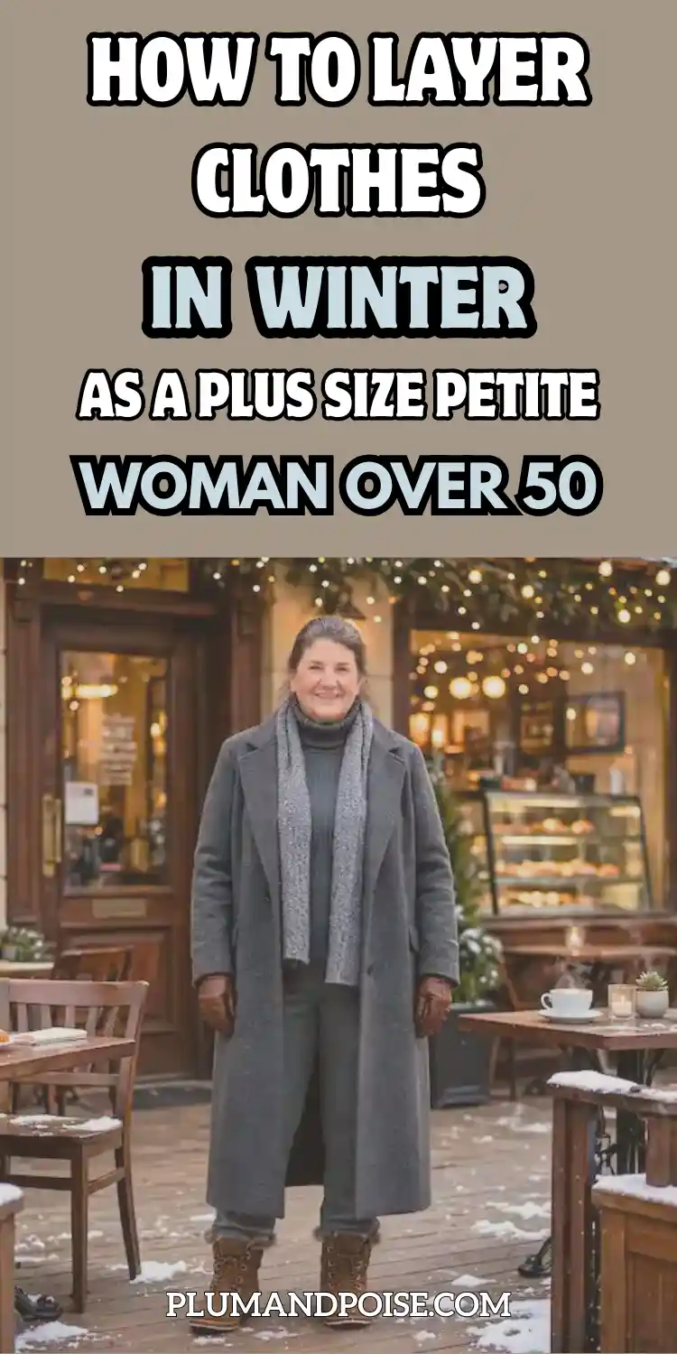 A curvy silver-haired woman smiles outside a snow-dusted café strung with warm holiday lights. She wears a long charcoal wool coat over a grey turtleneck with a draped scarf and brown knee-high boots, showing a monochromatic winter layering outfit for plus size petite women over 50. Text overlay reads: How to Layer Clothes in Winter as a Plus Size Petite Woman Over 50. Site: plumandpoise.com.